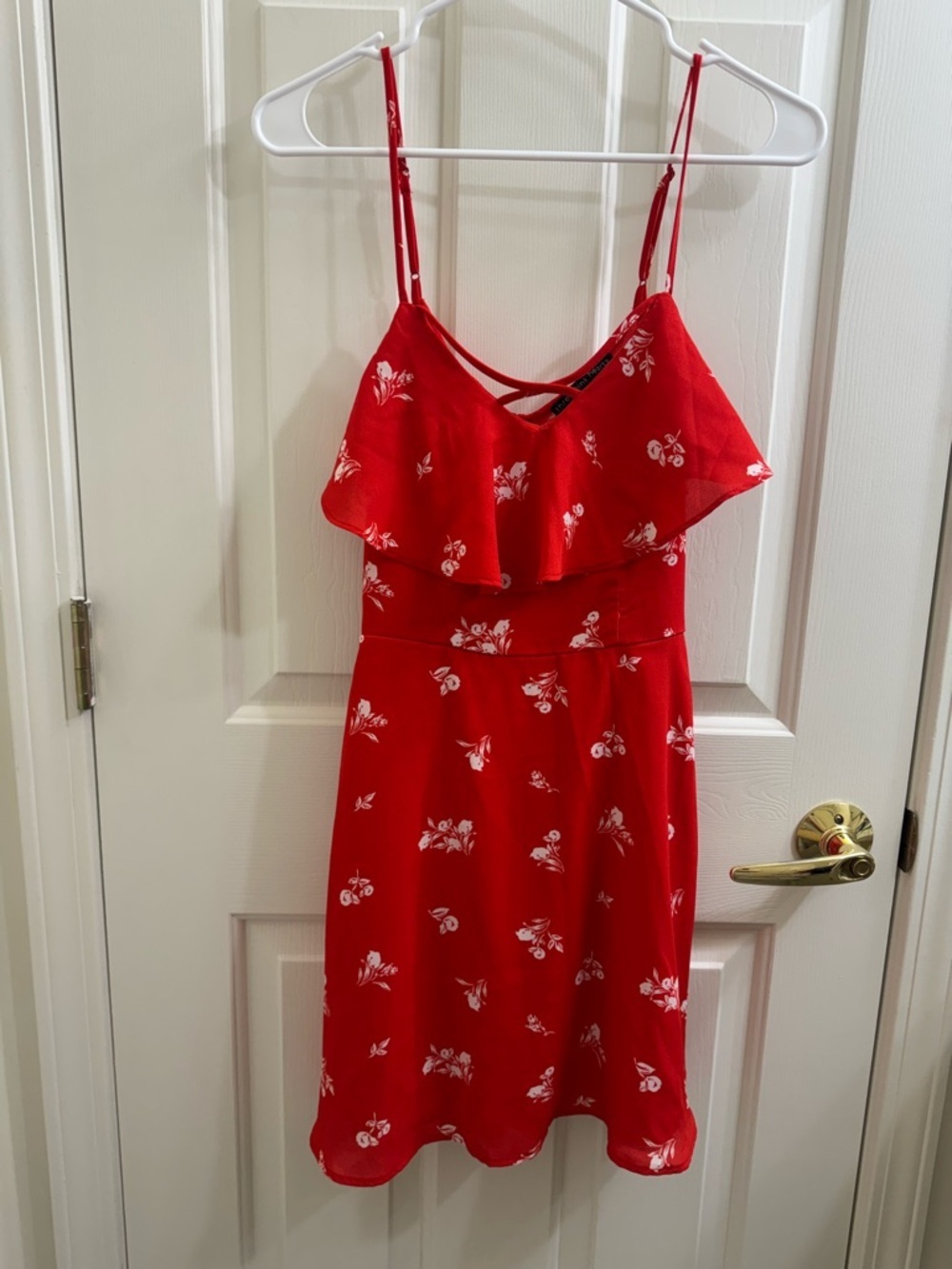 Three Pink Hearts Red Floral Ruffle Spaghetti Strap Sun Dress